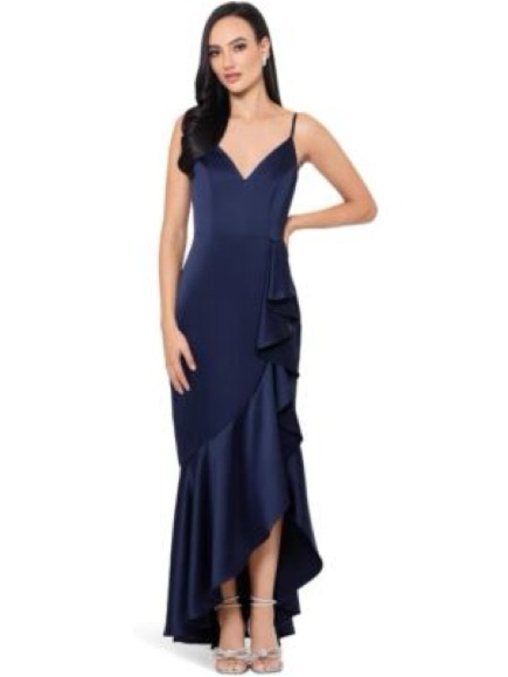Xscape Ruffled Satin Evening Dress - Spaghetti Strap Formal Gown